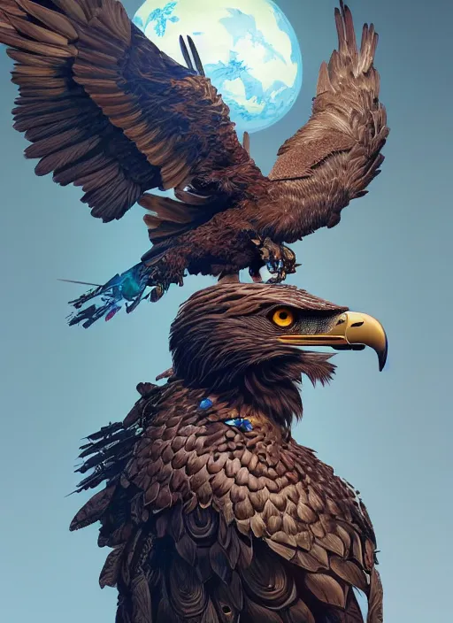 Image similar to symmetry!! portrait of a hybrid robot eagle sitting on the shoulder, floral! horizon zero dawn machine, intricate, elegant, highly detailed, ray tracing, digital painting, artstation, concept art, smooth, sharp focus, illustration, art by artgerm and greg rutkowski and alphonse mucha, 8 k