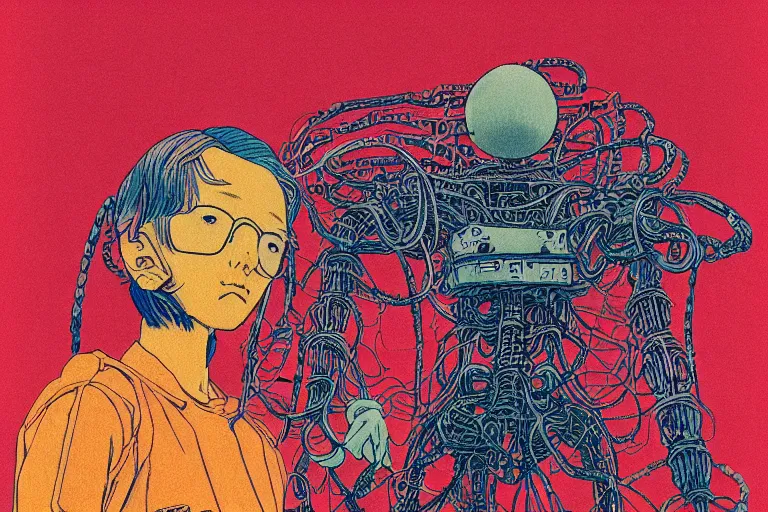 Image similar to risograph grainy drawing vintage sci - fi, satoshi kon color palette, gigantic gundam full - body covered with human bodies and wires, with lot tentacles, vermilion and black hues, codex seraphinianus painting by moebius and satoshi kon and dirk dzimirsky close - up portrait