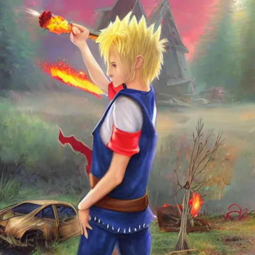 Prompt: a skinny teen as a fantasy elf with spiky blonde hair wearing dark brown overalls and holding a firecracker standing next to a destroyed car, painting by artgerm