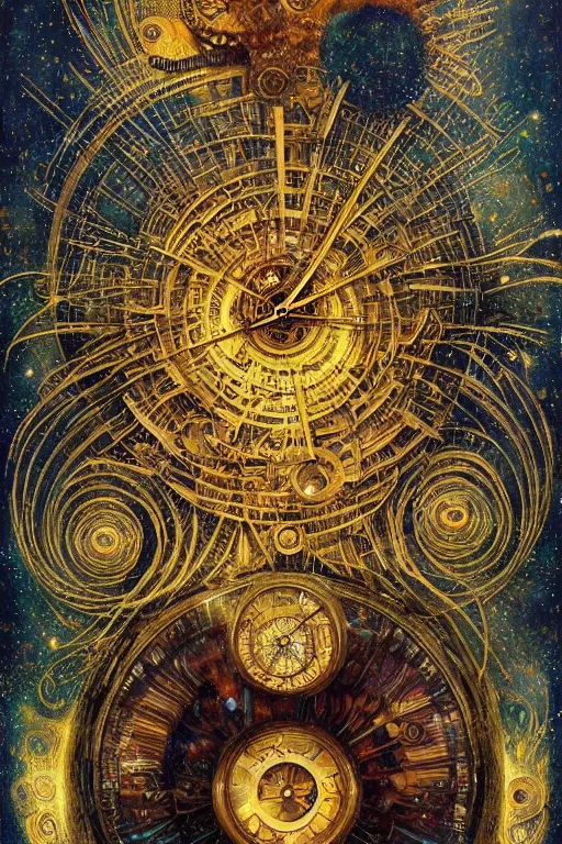 Image similar to The Tomorrow Machine by Karol Bak, Jean Deville, Gustav Klimt, and Vincent Van Gogh, otherworldly, fractal structures, arcane, clockface, spiral clock, inferno, inscribed runes, ornate gilded medieval icon, third eye, spirals