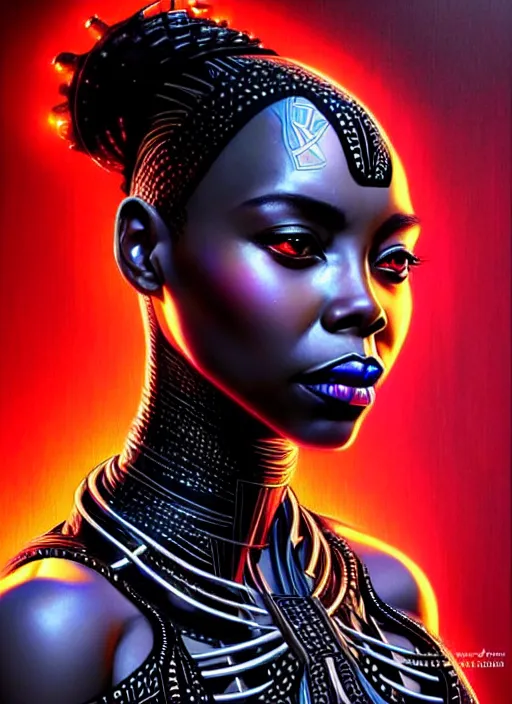 Prompt: portrait of female wakanda humanoid, very intricate, elegant, cyber neon lights, highly detailed, digital illustration, trending in artstation, trending in pinterest, glamor pose, concept art, smooth, sharp focus, art by artgerm and greg rutkowski