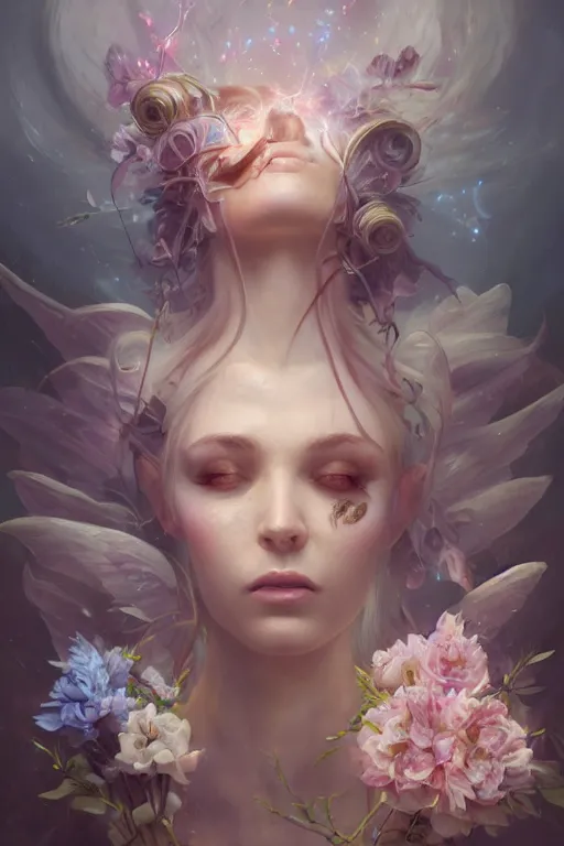 Image similar to portrait of a beautiful elf casting magic spell holding flowers, angel, fantasy, dramatic lighting, highly detailed, digital painting, holding electricity, magic the gathering, hyper detailed, 3 d render, hyper realistic detailed portrait, peter mohrbacher, wlop, ruan jia