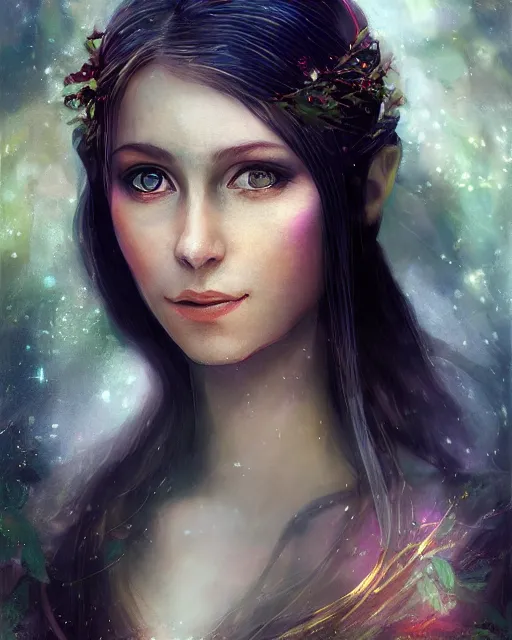 Prompt: A beautiful, fully clothed elven maiden; soft lighting; portrait by Craig Mullins; bokeh, 90mm, f/1.4