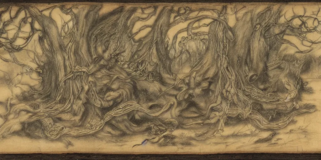 Image similar to expressive cloaked flowing shadow demon lurking in a dense creepy, mythical woodland. beautiful angles holding golden chains in the sky. 1 7 th century colored graphite heightened with opaque paints miniature on vellum.