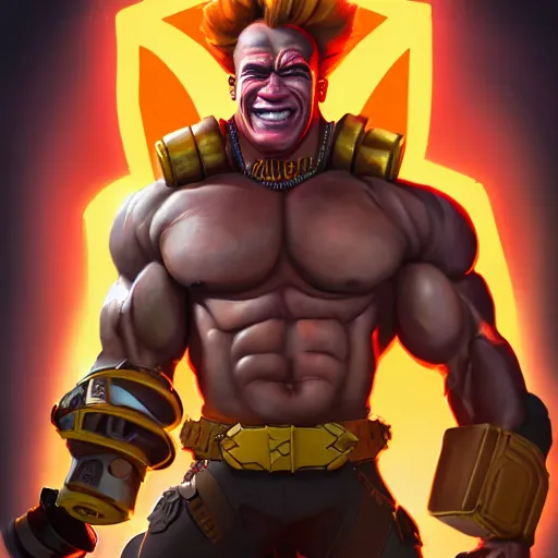 Image similar to a screenshot of arnold schwarzenegger as junkrat in overwatch holding detonator, portrait, fantasy, beautiful face, vivid colors, elegant, concept art, sharp focus, digital art, hyper - realistic, 4 k, unreal engine, highly detailed, hd, dramatic lighting by brom, trending on artstation