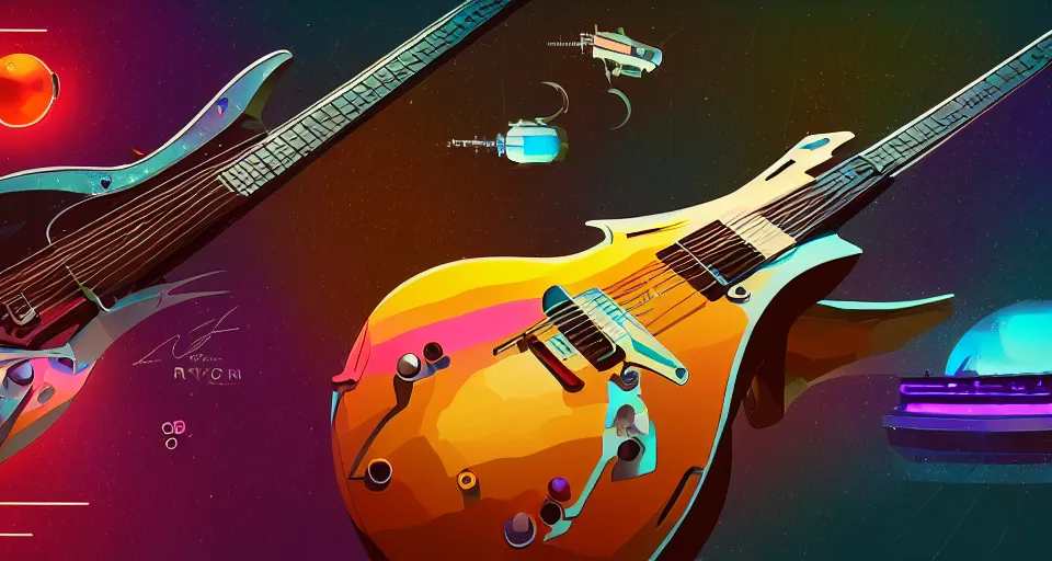 Image similar to a layout of amazing futuristic guitars, cinematic lighting, detailed, beautiful colors, by greg rutowski and studio ghibli