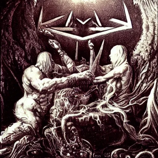 Image similar to the birth of civilization out of the luciferian spirit of distributed cognition, secret illuminati cabal, highly detailed, occult alchemy, dark surrealism, glitch