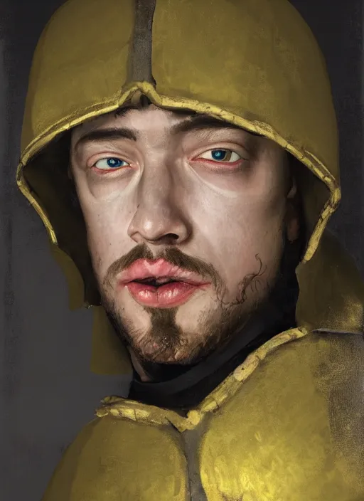 Prompt: Medium closeup Sam Hyde, idealistic and pious male Imperial soldier wearing a black tabard with light yellow accents over a gambeson and a steel open helm, by Raymond Swanland Greg Rutkowski Lise Deharm, {perfect face}, {perfect eyes}