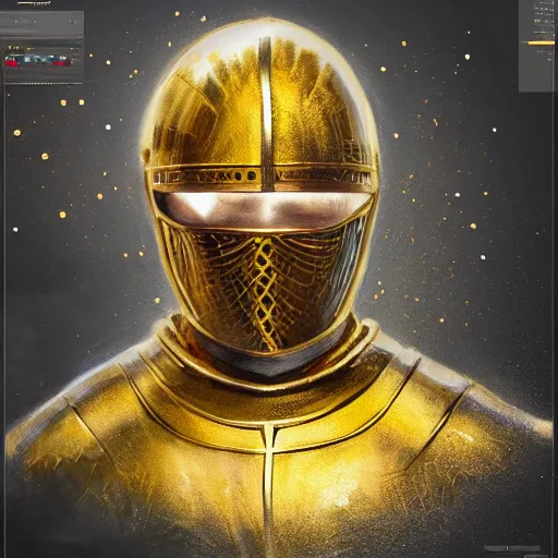 Image similar to golden knight, hyper realistic, athmosphere, detailed, cinematig lighting, trending on art station, concept art