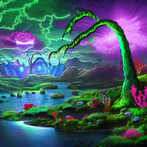 Image similar to airbrushed painting bioluminescent alien mountain landscape with strange glowing plants detailed with waterfalls and flowers and willow trees 4 k