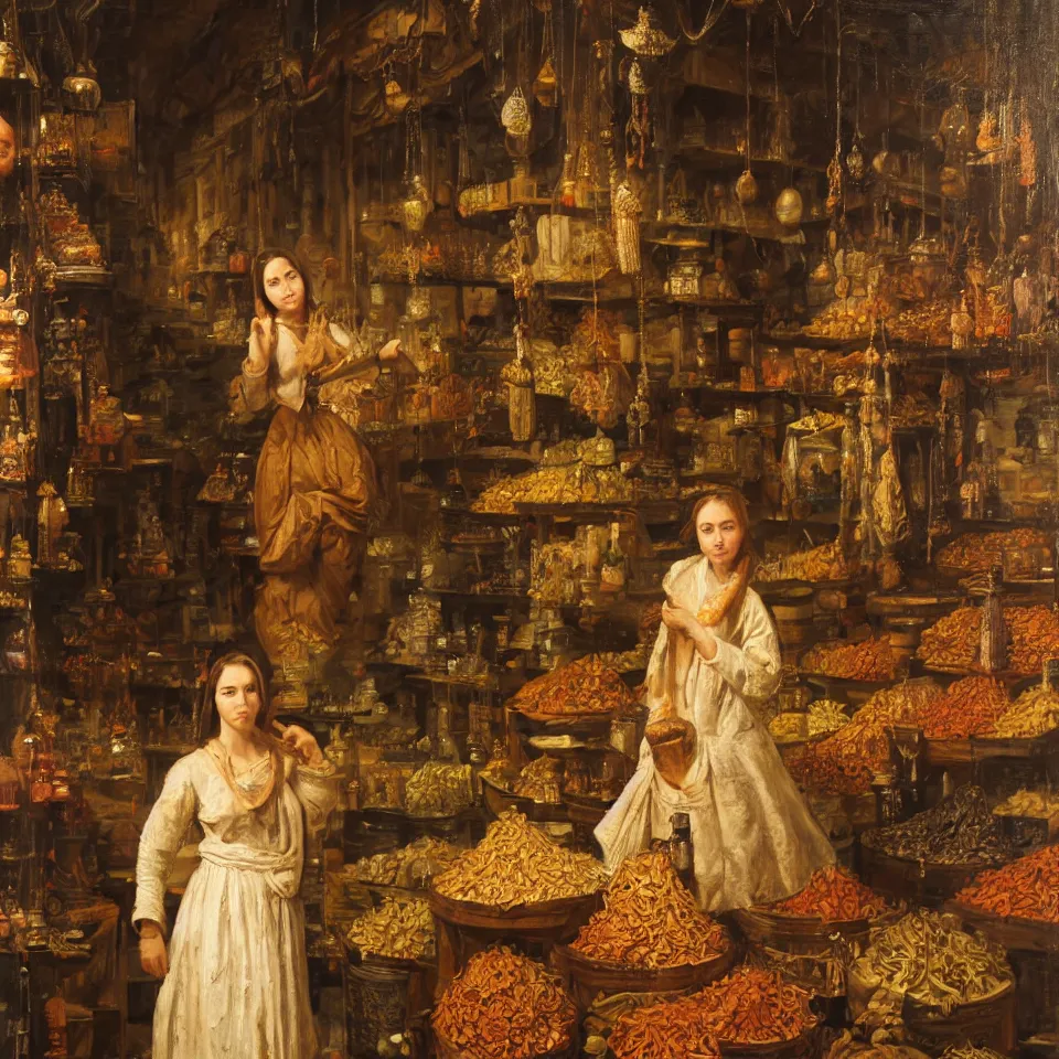 Image similar to young woman standing in a spice market at night byjohann mongels culverhouse, oil on canvas, masterful intricate artwork, excellent lighting, high detail 8 k