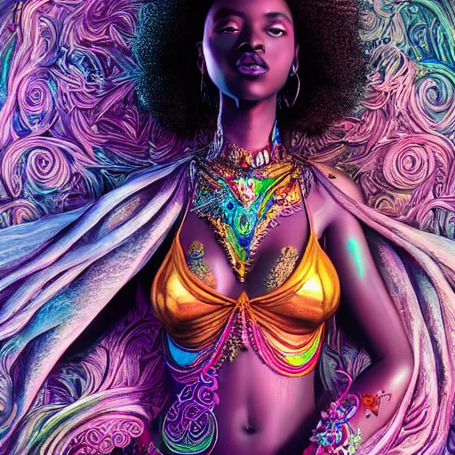 Prompt: the portrait of the absurdly beautiful, graceful, elegant, gorgeous, sensual black young goddess made of rainbow crystals, an ultrafine hyperdetailed illustration by kim jung gi, irakli nadar, intricate linework, bright colors, octopath traveler, final fantasy, unreal engine 5 highly rendered, global illumination, radiant light, intricate environment