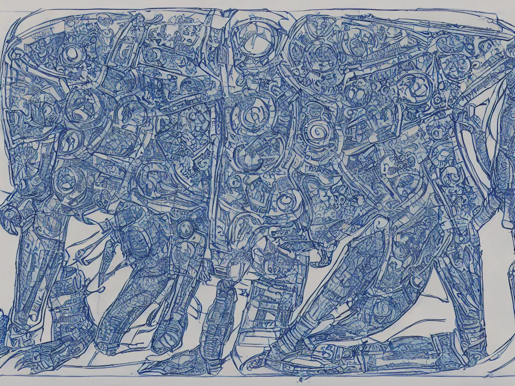 Image similar to blue board blueprint with lots of annotations of legs of an ornate armour, views front side and rear, covered in runic tattoos, Travis Charest style