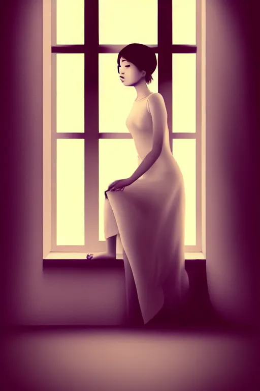 Image similar to joana sitting lookin at window composition : dynamic lighting, digital painting, center of interest, intricate, proportion, highly quality, balance, unity, extremely highly detailed. by bambang nurdianshyah ( details and background ) garis edelweiss ( lighting ) roby dwi antono ( character ) kira ayn varszegi ( dress )