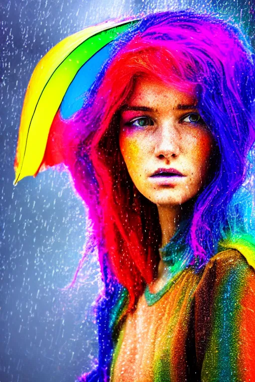 Prompt: a woman standing in the rain with rainbow hair, digital art, 8 k