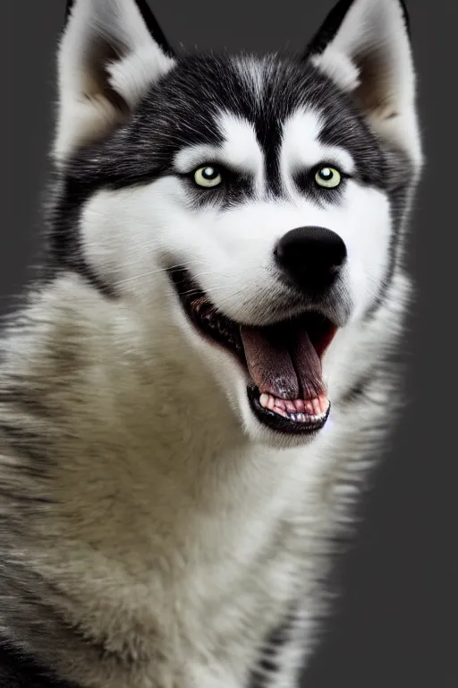 Prompt: proud husky with green flowing hair and heterochromia, studio lighting, realistic, beautiful, chromatic aberration, 4 k, in focus, very detailed, global illumination