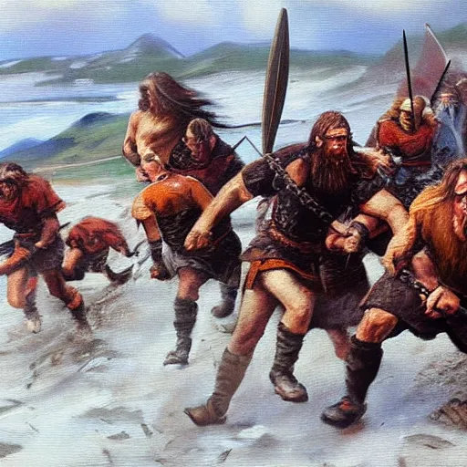 Image similar to Attacking vikings running against the camera, oil painting