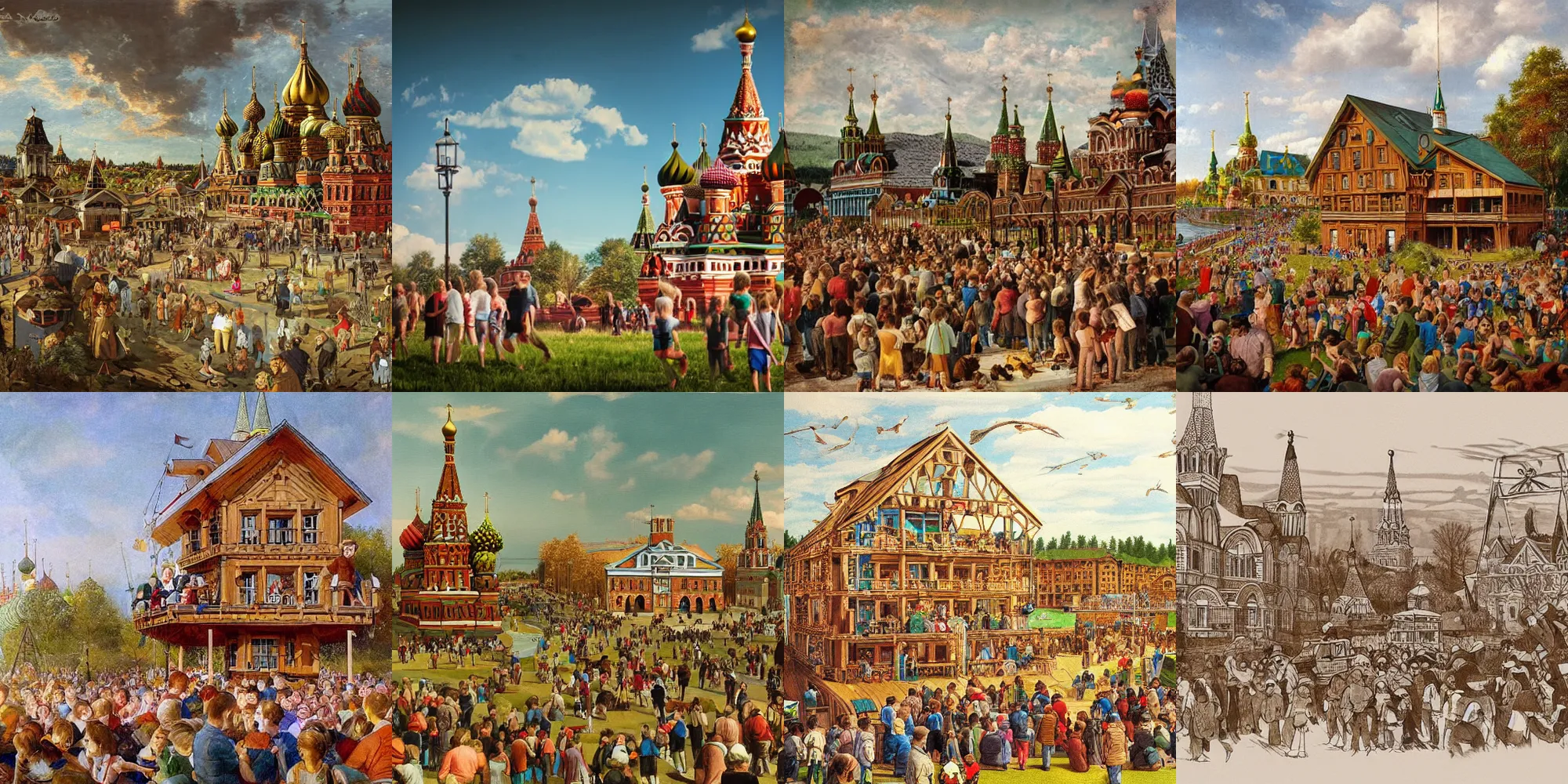 Prompt: russia, utopia, conceptual wooden architecture, a crowd of adults and children, holiday, joy, clear day, concept, drawing, high detail, in the style of repin