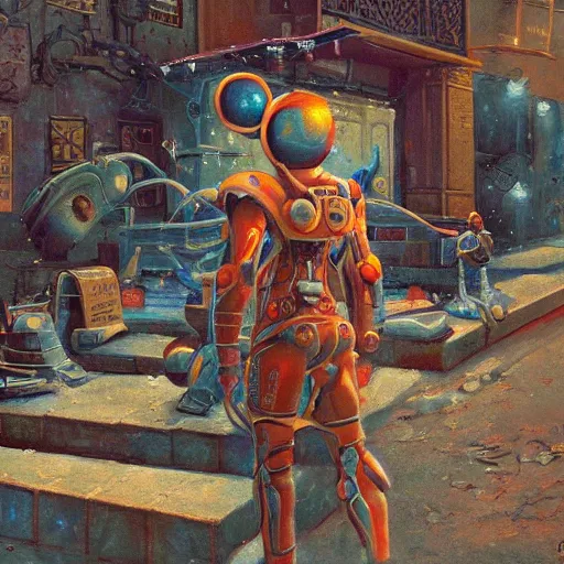 Prompt: detailed painting of a scifi bodysuit in a room full of old cmputers on the sidewalk, celestial ephemeral ornaments and greek symbols, artstation, norm rockwell, cinematic