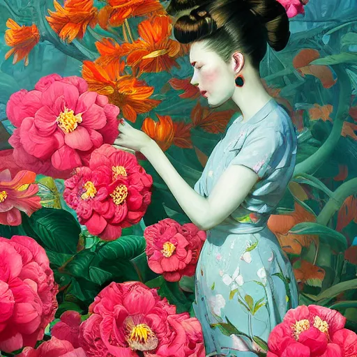 Prompt: hyper detailed illustration like a Oil painting - a vivid exotic flowers, long petals, huge blossoms, by James Jean, Masterpiece, Edward Hopper and James Gilleard, Ross Tran, Mark Ryden, Wolfgang Lettl, hints of Yayoi Kasuma, surreal