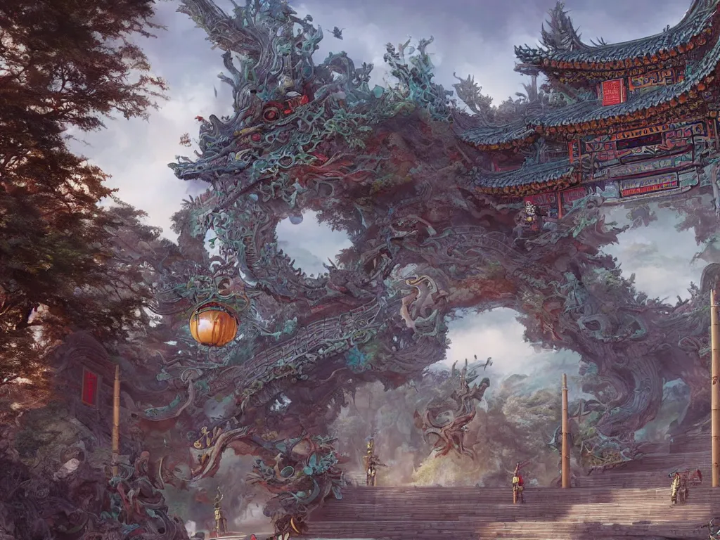 Image similar to tang dynasty shinto gate at the top of many stone steps, a chinese dragon flies behind by peter mohrbacher and dan mumford and nekro, cgsociety, volumetric light, 3 d render