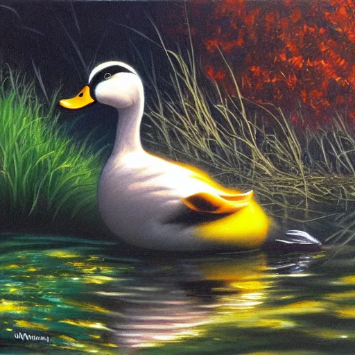 Image similar to a duck on the prowl oil painting jim warren