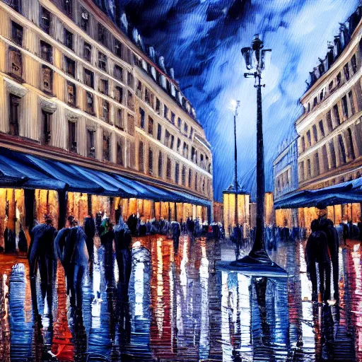 Image similar to Public square in Paris, it is night and raining, oil painting , highly detailed , high contrast, beautiful lighting, award winning , trending on art station, photorealistic, 8k