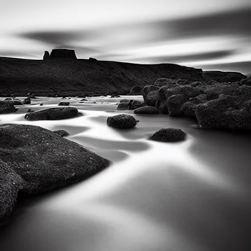 Prompt: minimalist black and white photograph of an icelandic valley, time exposure, of a river, sharp tall pillars, sharp rocks