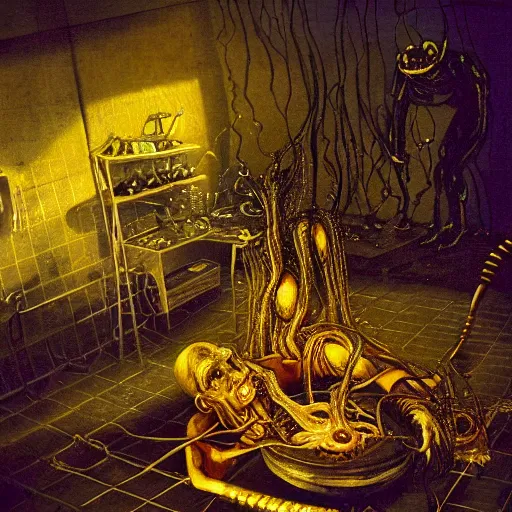 Prompt: realistic coubert dark hi-tech sci-fi lab at night, realistic gustave coubert painting a hideous and sick human exposed guts crawling in two legs and dripping golden metalic fluid from intestine into a pool of golden liquid on the floor. Smokey atmosphere