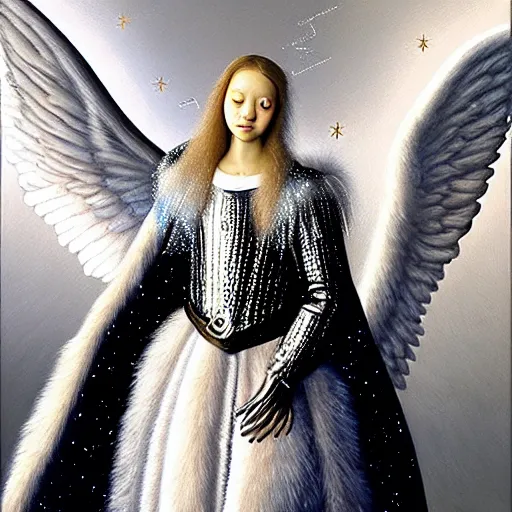 Image similar to beautiful high details hyper realistic painting of white angel in the hood coming from space with giant ball of miracle light from the chest!!!!!, 4 k hd face!!!, big fur silver holographic wings, by jan van eyck, holography space, white sparkles everywhere, thin strokes, high textures, silver background