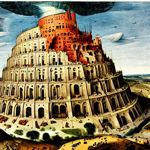 Image similar to The Tower of Babel by Bruegel, drawn by Salvador Dali