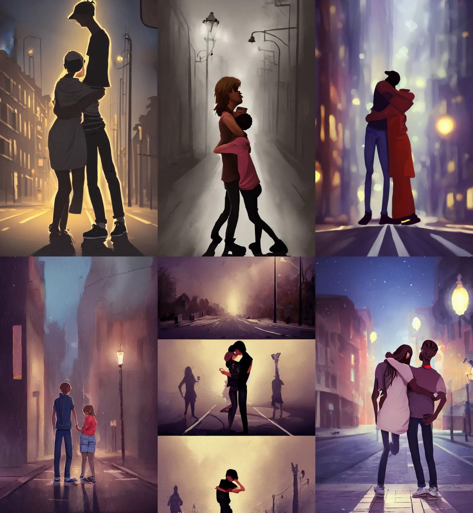 Prompt: teen boy and tall girl smiling hugging, wrapping arms around each other, in the middle of the empty street at night under the street lights, full body artstation concept painting character design, dramatic lighting highly detailed realism