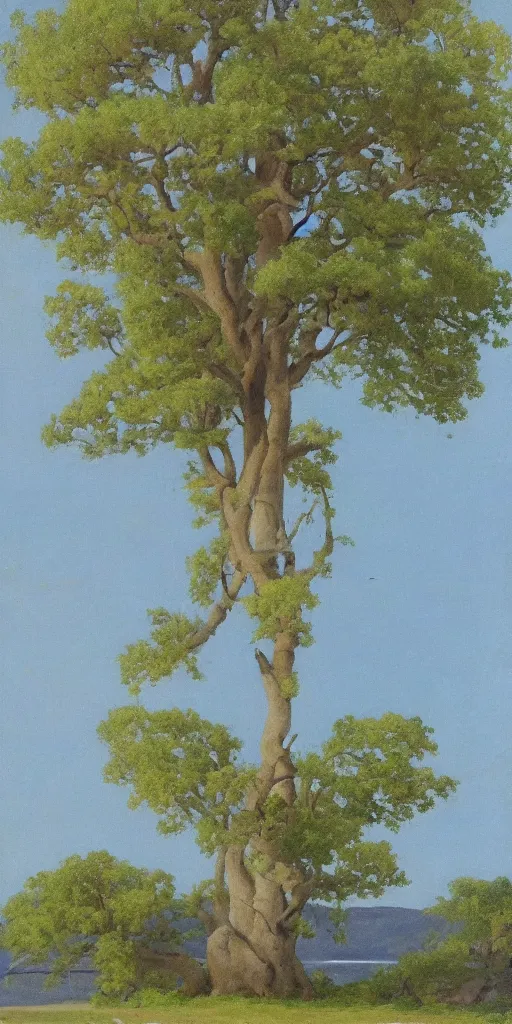 Prompt: art by abbott fuller graves of a giant beautiful tree with diatom leaves