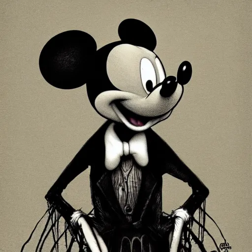 Image similar to michael karcz grunge drawing of mickey mouse. , in the style of corpse bride, loony toons style, horror themed, detailed, elegant, intricate, trending on artstation, 4k