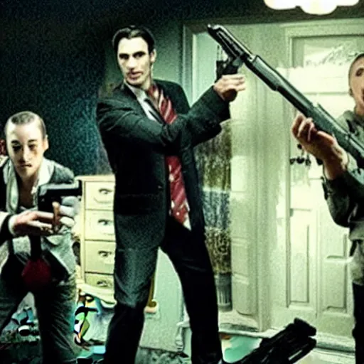 Prompt: Still of Vampires Holding Guns, incredibly terrible movie, downvoted heavily