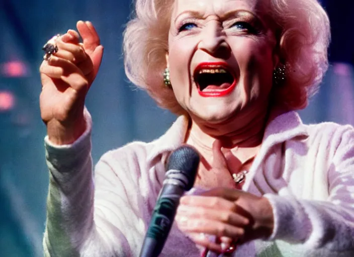 Image similar to publicity photo still of betty white as a gangsta rapper live on stage, 8 k, live concert lighting, mid shot