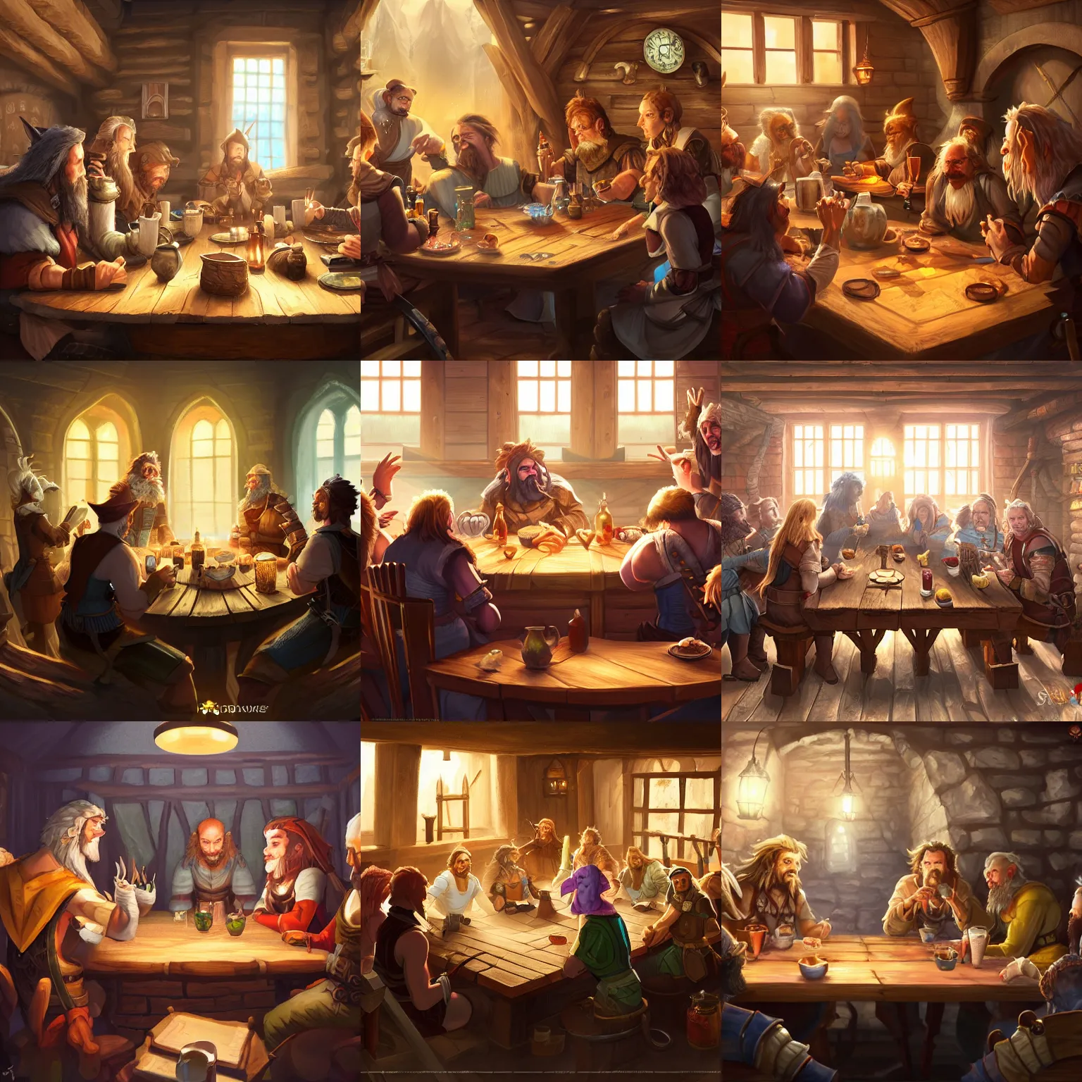 Prompt: 7 people sitting at a table and talking inside a tavern, fantasy art, cozy, dnd, digital art, 4 k