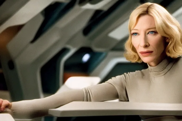 Image similar to cate blanchett on the bridge of a starship,retro, movie still