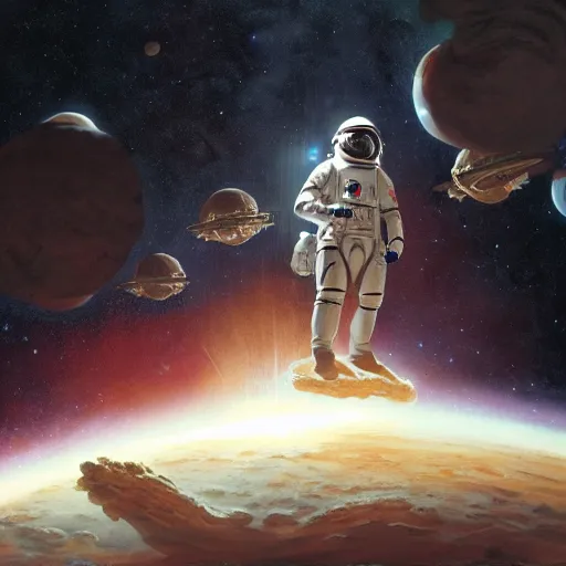 Prompt: detailed rococo painting of a black astronaut spacewalking, planets behind, symmetrical, realistic, art station nebulas, dynamic lighting, 8 k, star wars, art by greg rutkowski, kehinde wiley, alphonse muca