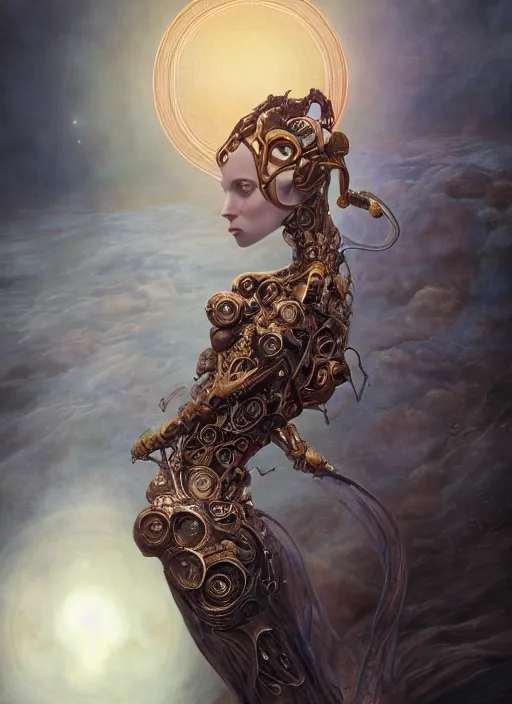 Image similar to epic portrait of menacing and anxious yet stunningly beautiful biomechanical djinn overseeing the iridescent fabric of the universe, by charlie bowater, mandy jurgens, gustav klimt, octane render, dramatic camera angle, 4k, 8k, high detail, HDR, by tom bagshaw, powerful, with inspiration from Beksinski