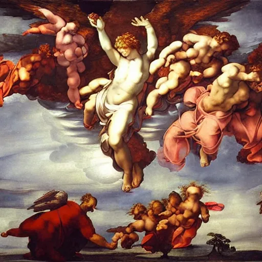 Prompt: Beautiful realistic painting of a cloudy sky with angels, electric storm, monotonous, volumetric light, ultradetailed, surrealism by Michelangelo