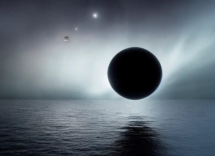 Image similar to ufo glowing sphere in the form of a black hole over the sea, fog, rain, volumetric lighting, beautiful, sharp focus, ultra detailed, jan urschel, dylan cole, marthe jonkers, james paick, thierry doizon, kai carpenter, ignacio fernandez rios, noir art house, 4 k, 3 5 mm, fujifilm