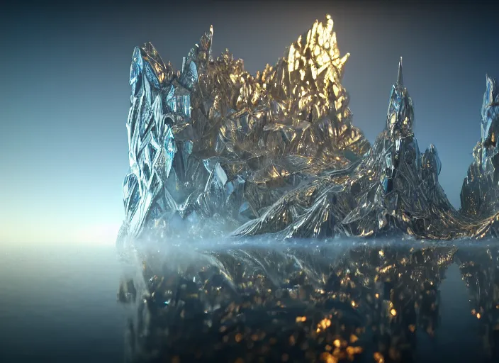 Prompt: asgard, white pearlescent, chrome, iridescent titanium, crystal, liquid gold, copper, bronze biomechanical, cinematic, crystalline masterpiece diamond incrustations, hyperdetailed metalwork, in volumetric soft glowing mist, movie still, octane render, pixar, crepuscular rays,