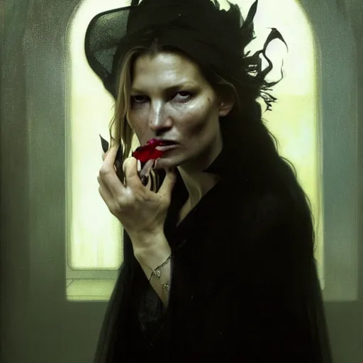 Image similar to hyperrealistic portrait of a woman as kate moss as a vampire witch tears makeup in a black flower coat turned back while closing a window over the shoulder shot portrait torn apart with falling petals in wind. by jeremy mann and alphonse mucha, fantasy art, photo realistic, dynamic lighting, artstation, poster, volumetric lighting, very detailed faces, 4 k, award winning