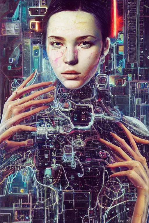 Prompt: portrait of computer & circuits, melting, nasa, 8 k, by tristan eaton, stanley artgermm, tom bagshaw, greg rutkowski, carne griffiths, ayami kojima, beksinski, giger, trending on deviantart, face enhance, hyper detailed, minimalist, cybernetic, android, blade runner, full of colour, super detailed