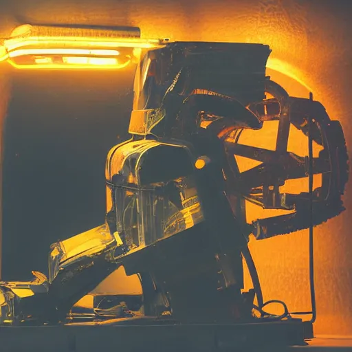 Image similar to toaster oven mecha head, dark messy smoke - filled cluttered workshop, dark, dramatic lighting, orange tint, sparks, cinematic, highly detailed, sci - fi, futuristic, movie still