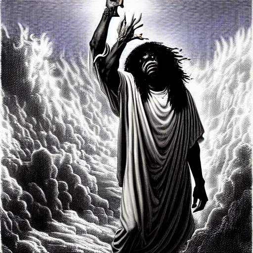 Image similar to cheef keef ascending into heaven holding double cup of lean, biblical image, style of gustave dore, highly detailed, beautiful, high contrast, black and white