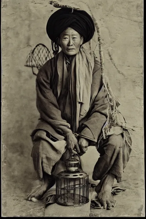 Prompt: ultra realistic vintage photo portrait of a tibetan man with a birdcage in place of the chest, by Annie Leibovitz and Francisco de Goya,