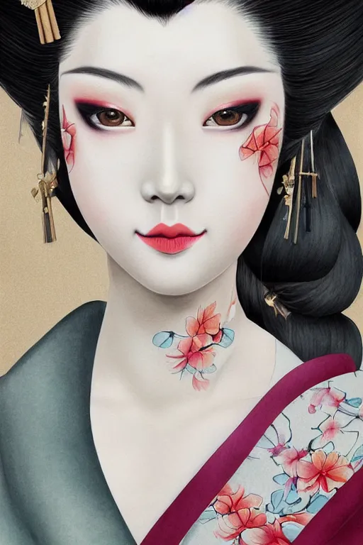 Image similar to beauty geisha, digital art, 8k, character, realistic, portrait, photorealism, japan watercolour, masterpiece art