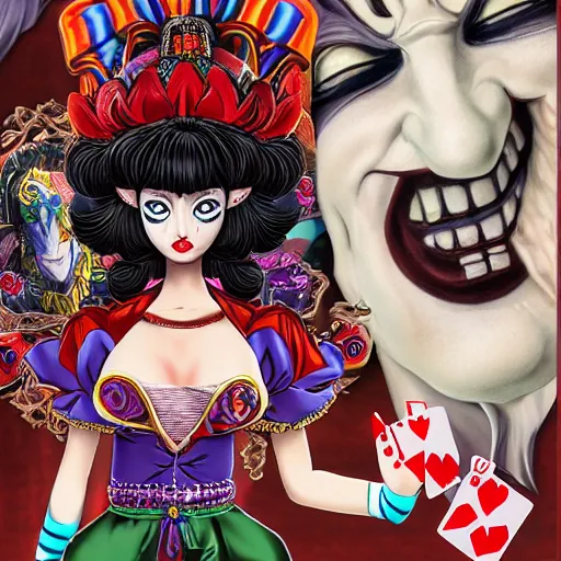 Prompt: 4K headshot of sexy goddess clown woman with and open hands and with giant joker playing card in background , full bodied , intricate face , flawless anime cel animation by Kentaro Miura, psychedelic , highly detailed upper body , professionally post-processed , beautiful, scary, symmetry accurate features, epic, octane rendered, anime masterpiece, accurate